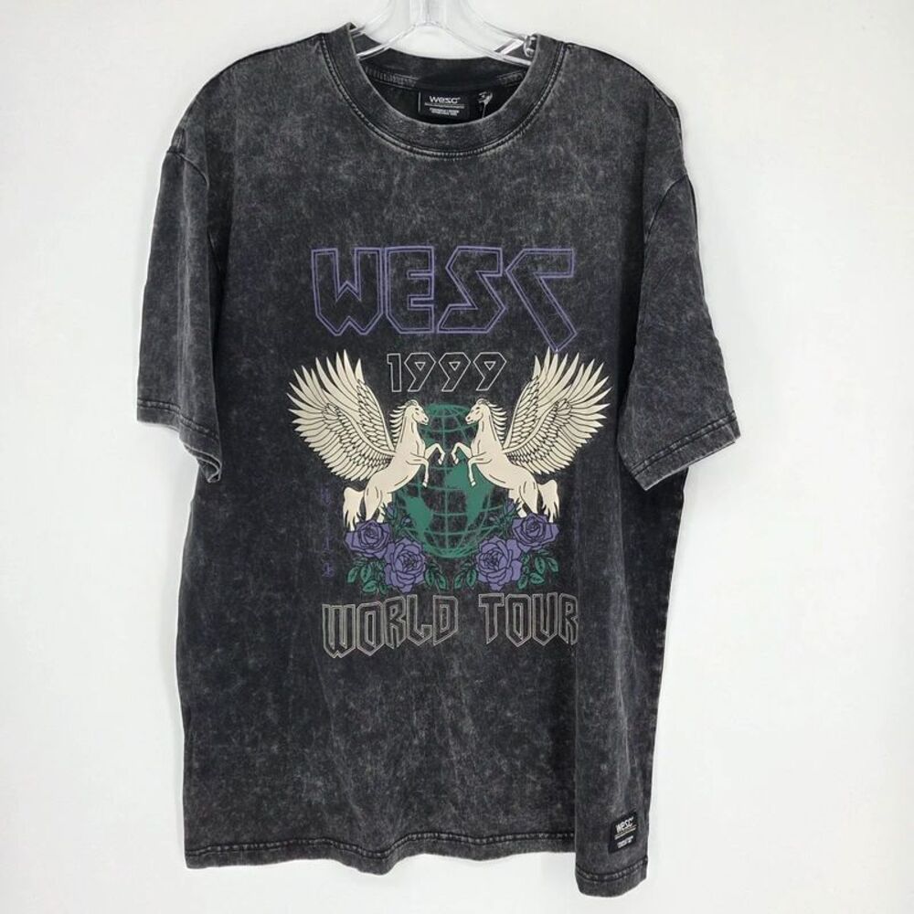 WeSC Mason "World Tour" Graphic Tee Distressed Acid Wash Streetwear T-Shirt